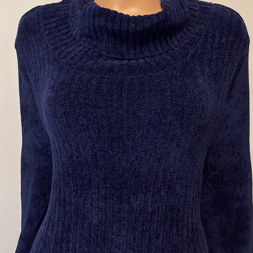 Free People NAVY Blue Velvety Turtle Cowl Neck Open Back Knit MIDI Dress Large - Picture 3 of 11